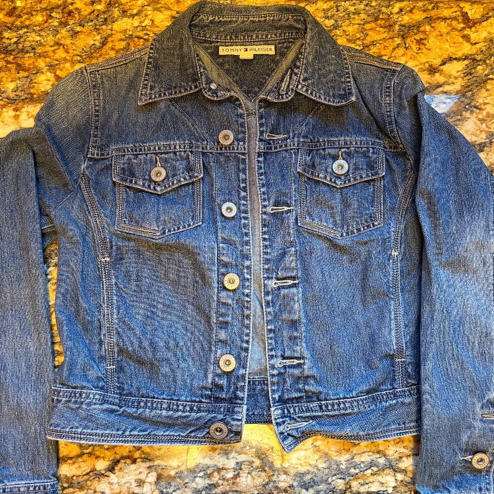 VTG Tommy Hilfiger 90’s Dark Blue Cropped Denim Jean Jacket Sz M